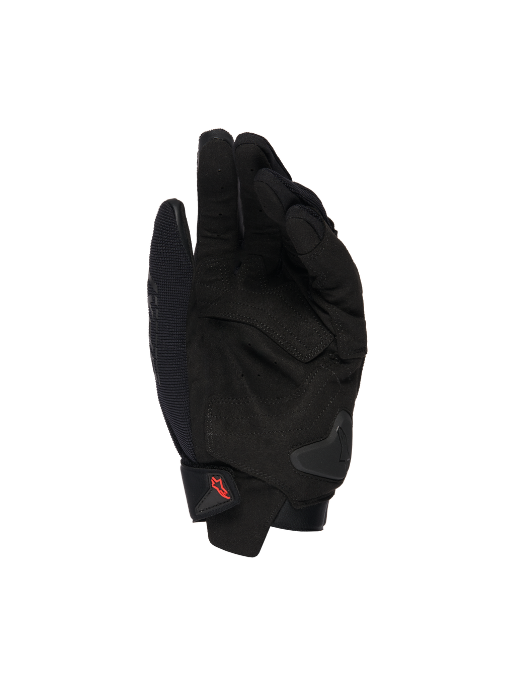 Alpinestars SP X 1 Handschuhe, Schwarze Motorradhandschuhe, Handflächenansicht mit Synthetikleder-Overlays, verstärkte Aufprallzonen, TPR-Handflächen-Slider, kurzer Manschettenverschluss mit rotem Logo, Schutz für sportliches Fahren