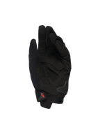 Alpinestars SP X 1 Handschuhe, Schwarze Motorradhandschuhe, Handflächenansicht mit Synthetikleder-Overlays, verstärkte Aufprallzonen, TPR-Handflächen-Slider, kurzer Manschettenverschluss mit rotem Logo, Schutz für sportliches Fahren