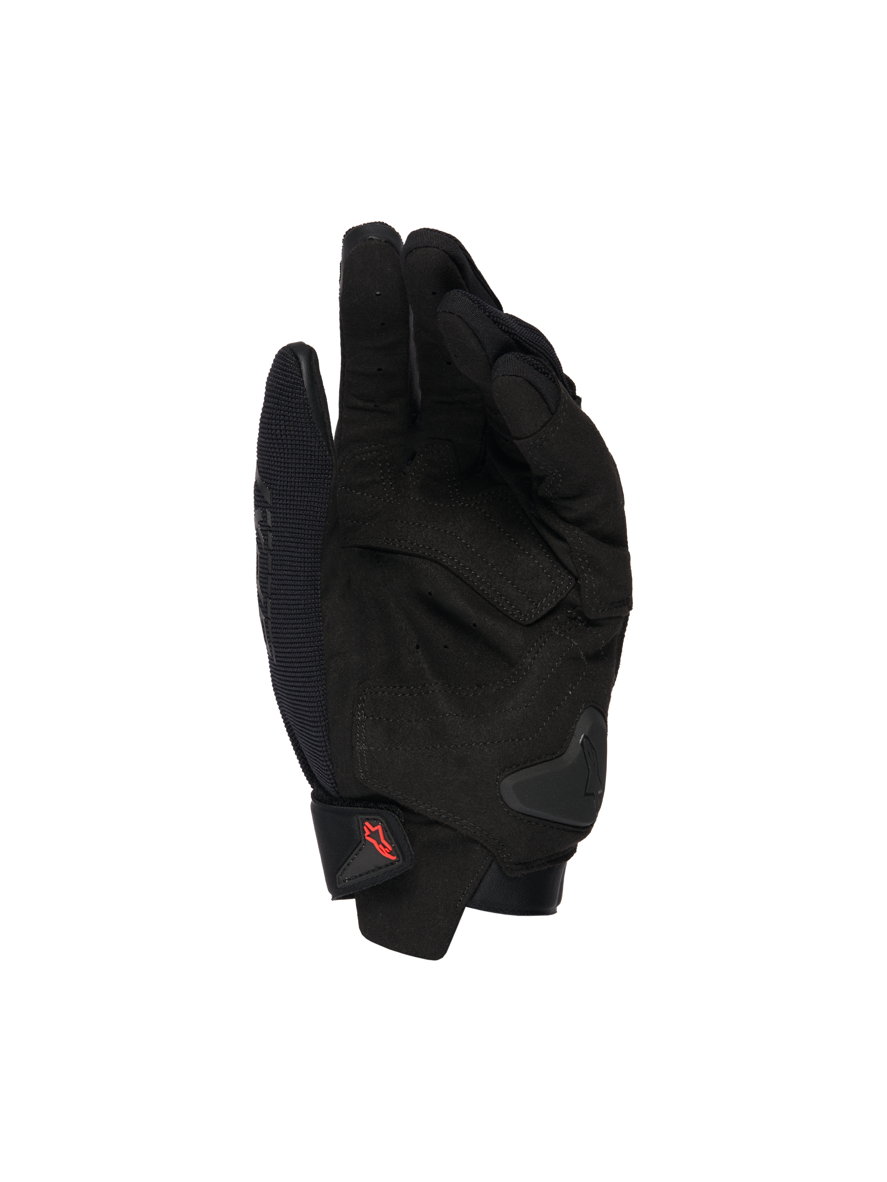 Alpinestars SP X 1 Handschuhe, Schwarze Motorradhandschuhe, Handflächenansicht mit Synthetikleder-Overlays, verstärkte Aufprallzonen, TPR-Handflächen-Slider, kurzer Manschettenverschluss mit rotem Logo, Schutz für sportliches Fahren