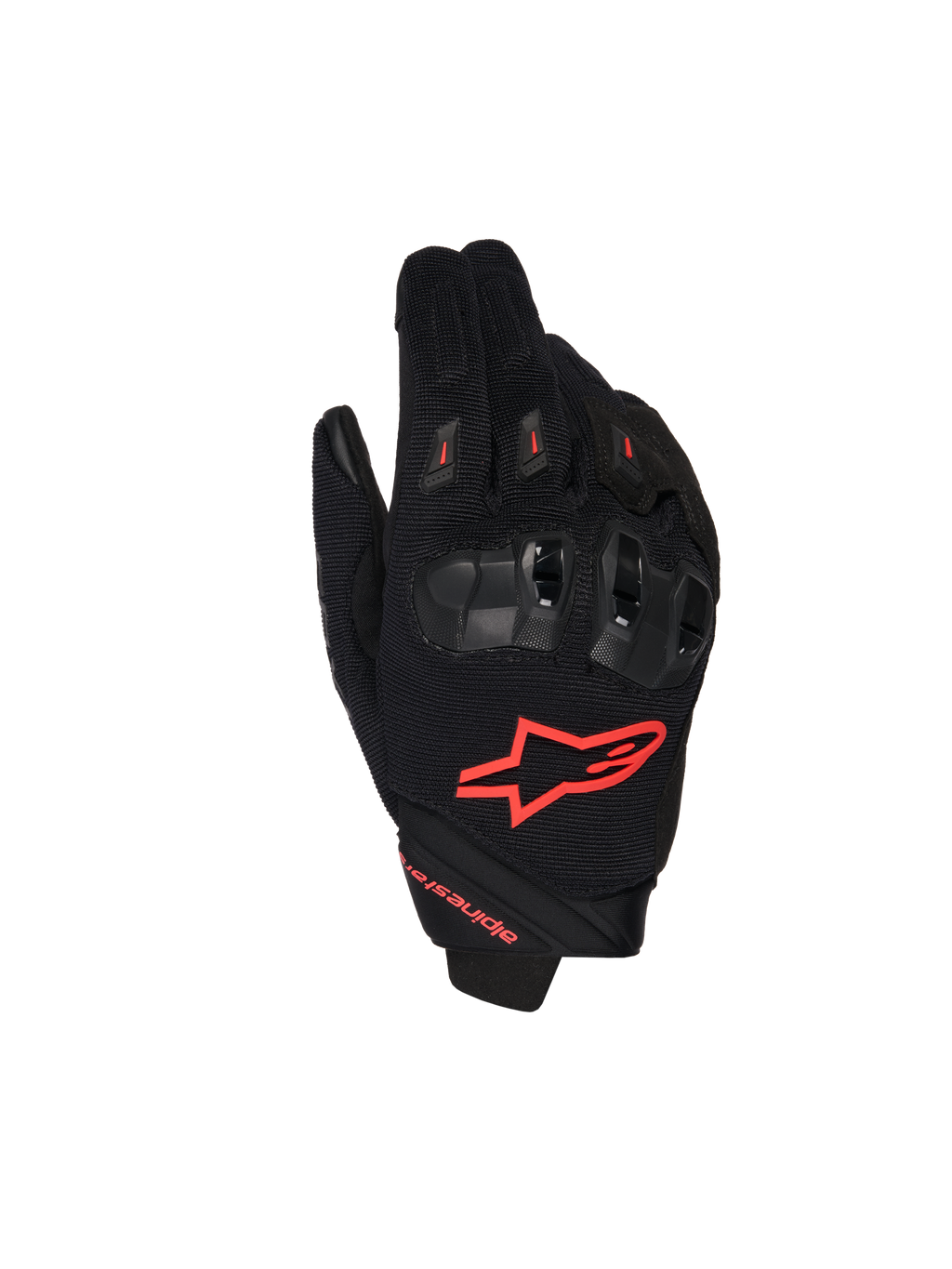 Alpinestars SP X 1 Handschuhe, Motorrad-Rennhandschuhe, Schwarz und Rot Fluo, rotes Logo auf der Oberhand, ergonomische schwarze Knöchelprotektoren, Mesh-Textil-Konstruktion, schlankes Design mit kurzem Bündchen für sportliches Fahren