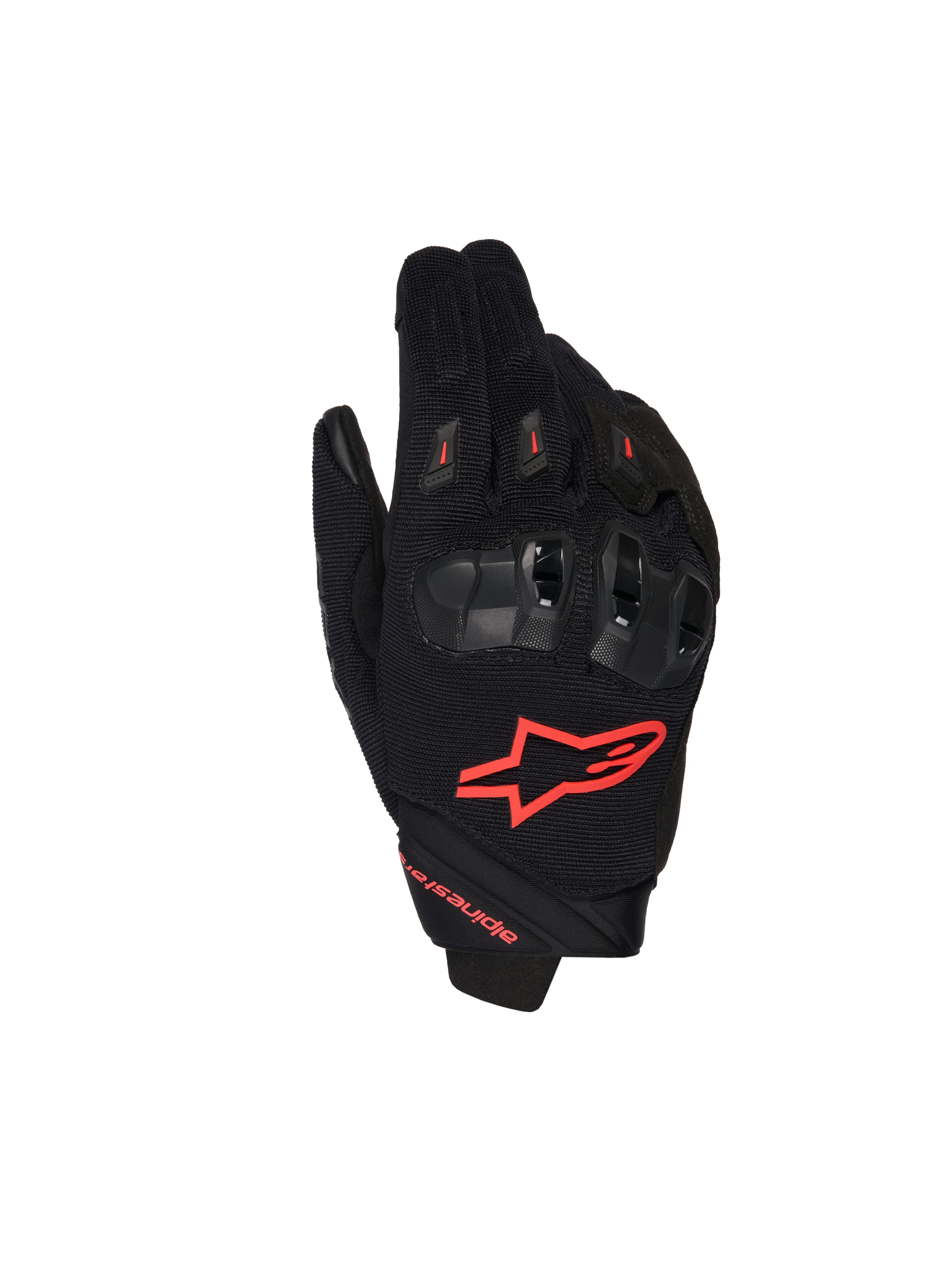 Alpinestars SP X 1 Handschuhe, Motorrad-Rennhandschuhe, Schwarz und Rot Fluo, rotes Logo auf der Oberhand, ergonomische schwarze Knöchelprotektoren, Mesh-Textil-Konstruktion, schlankes Design mit kurzem Bündchen für sportliches Fahren