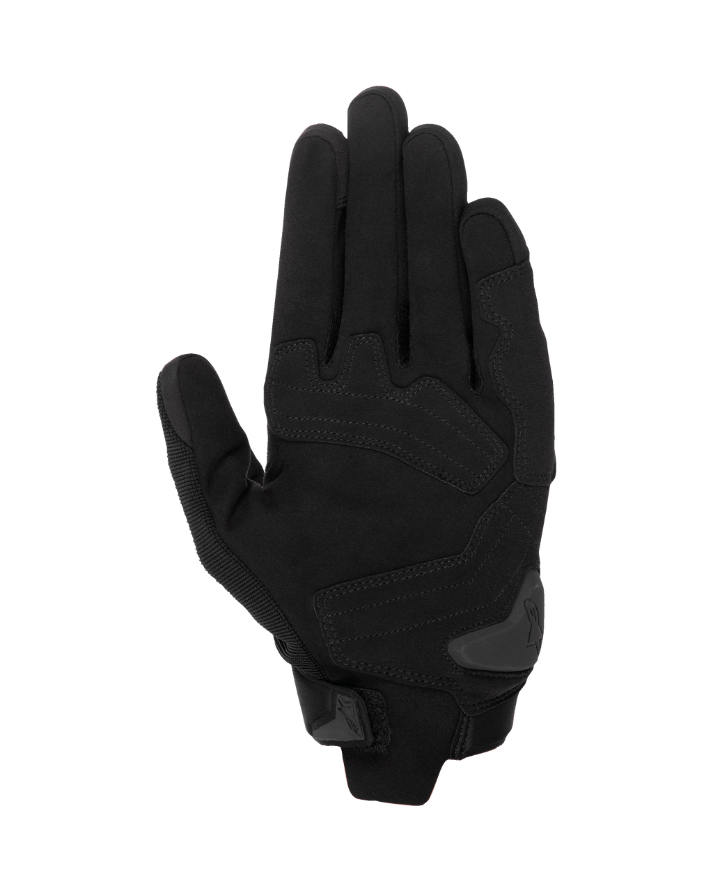 Alpinestars SP X 1 Handschuhe, Schwarz/Schwarz Motorradhandschuhe, Handflächenansicht mit Synthetikleder-Konstruktion, verstärkten Aufprallzonen, TPR-Handflächenschieber und kompaktem Manschettenverschluss.