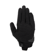 Alpinestars SP X 1 Handschuhe, Schwarz/Schwarz Motorradhandschuhe, Handflächenansicht mit Synthetikleder-Konstruktion, verstärkten Aufprallzonen, TPR-Handflächenschieber und kompaktem Manschettenverschluss.