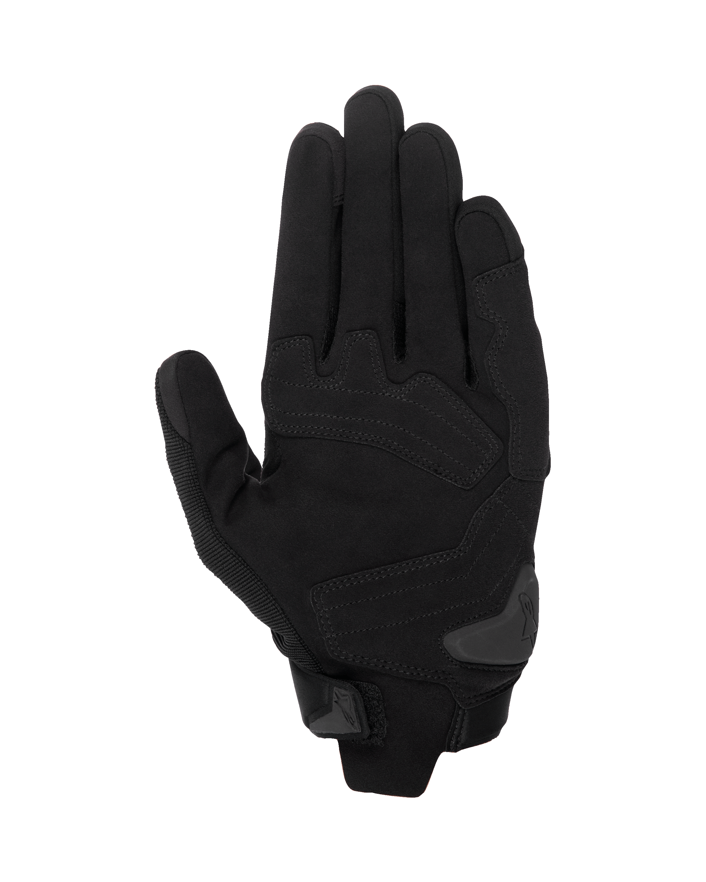 Alpinestars SP X 1 Handschuhe, Schwarz/Schwarz Motorradhandschuhe, Handflächenansicht mit Synthetikleder-Konstruktion, verstärkten Aufprallzonen, TPR-Handflächenschieber und kompaktem Manschettenverschluss.