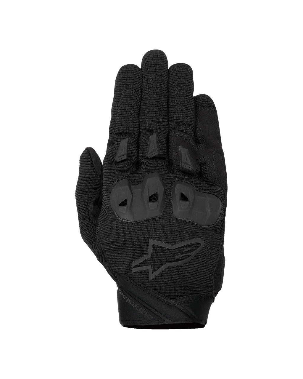 Alpinestars SP X 1 Handschuhe, schwarze Motorrad-Rennhandschuhe, Oberhand aus strukturiertem Stretchgewebe, tonales schwarzes Stern-Logo, integrierter TPR-Knöchelschutz und Fingerschleifer, strapazierfähiges Design für sportliches Fahren