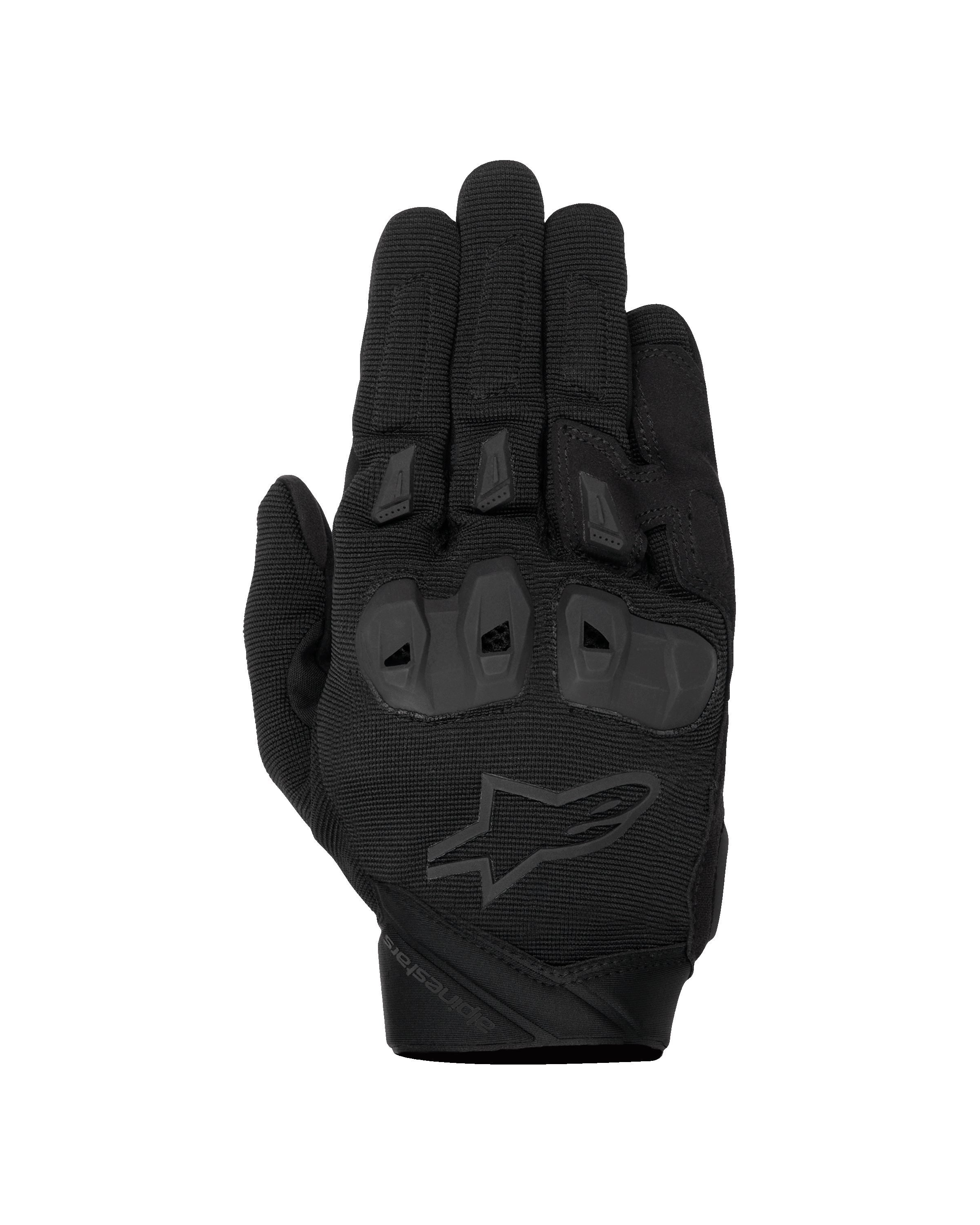 Alpinestars SP X 1 Handschuhe, schwarze Motorrad-Rennhandschuhe, Oberhand aus strukturiertem Stretchgewebe, tonales schwarzes Stern-Logo, integrierter TPR-Knöchelschutz und Fingerschleifer, strapazierfähiges Design für sportliches Fahren
