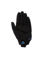 Alpinestars SP X 1 Gloves, Black and Blithe Blue, palm view showing synthetic leather palm with reinforced strike zones, blue palm slider, and wrist strap with blue Alpinestars logo, sport motorcycle road gear