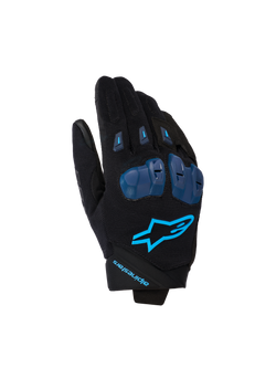 Alpinestars SP X 1 Gloves, Motorcycle Racing Gloves, Black and Blithe Blue, featuring blue TPR knuckle protectors, bright blue star logo on backhand, stretch fabric construction, sleek sport design with performance-focused details