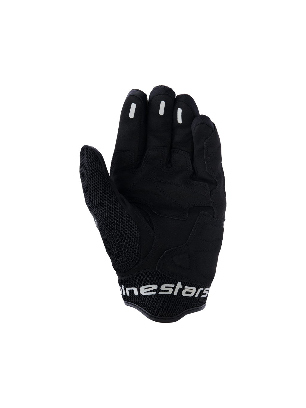 Alpinestars Mogress Airflow Handschuhe, Urban-Motorradhandschuhe, Anthrazit-Schwarz, Handflächenansicht mit synthetischen Verstärkungen und 3D-Mesh-Zonen, Silikon-Grip-Einsätze an den Fingern, kurze Manschette mit weißem Branding