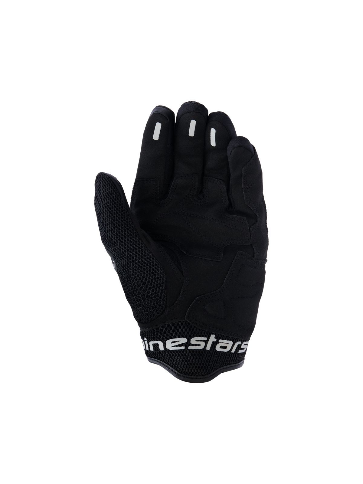 Alpinestars Mogress Airflow Handschuhe, Urban-Motorradhandschuhe, Anthrazit-Schwarz, Handflächenansicht mit synthetischen Verstärkungen und 3D-Mesh-Zonen, Silikon-Grip-Einsätze an den Fingern, kurze Manschette mit weißem Branding