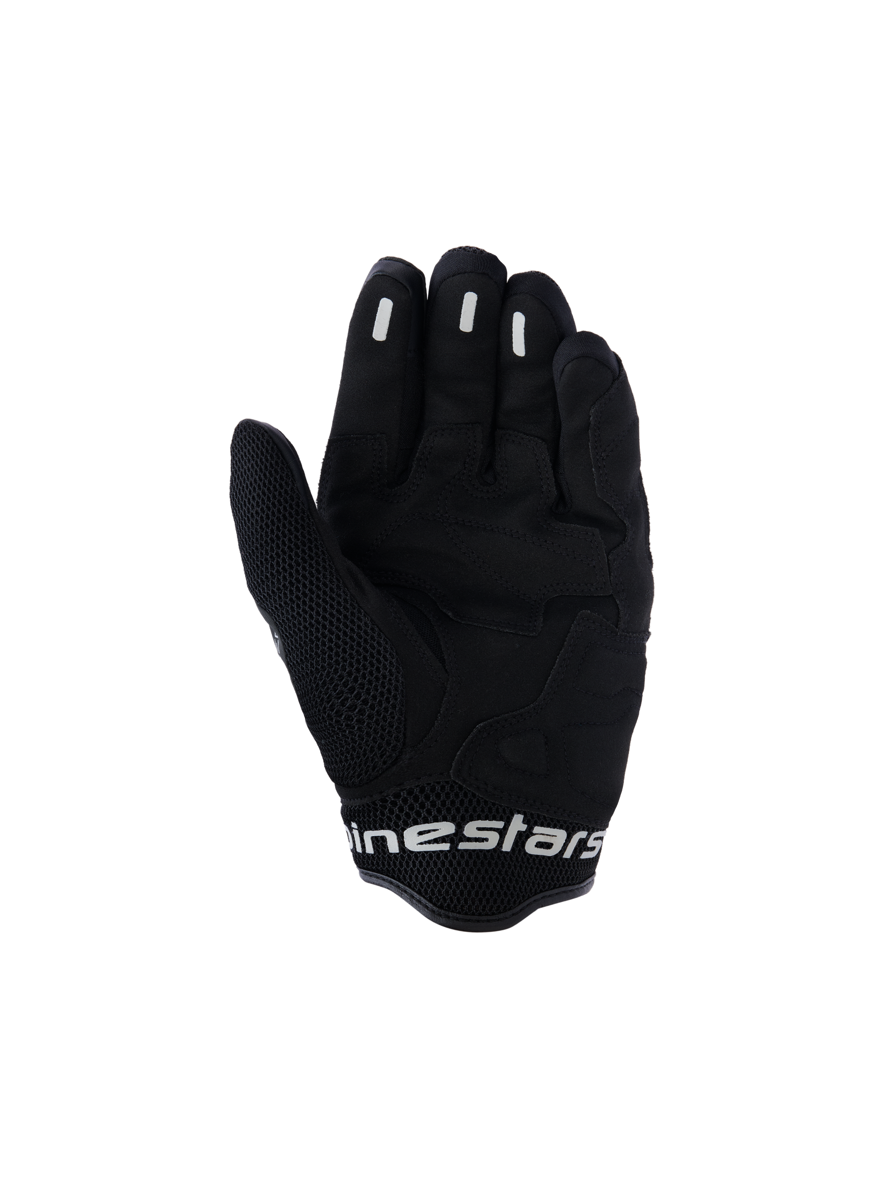 Alpinestars Mogress Airflow Handschuhe, Urban-Motorradhandschuhe, Anthrazit-Schwarz, Handflächenansicht mit synthetischen Verstärkungen und 3D-Mesh-Zonen, Silikon-Grip-Einsätze an den Fingern, kurze Manschette mit weißem Branding
