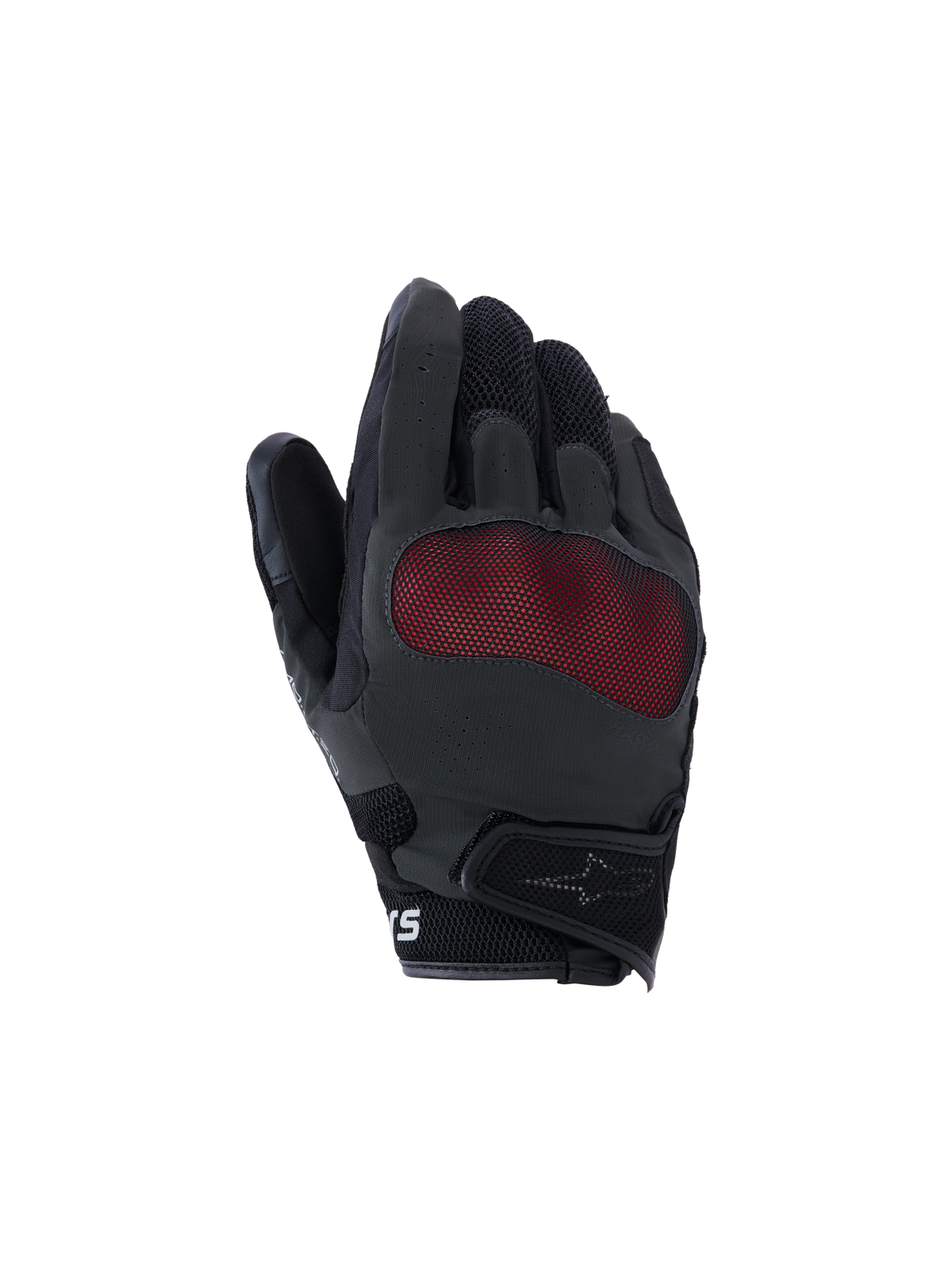 Alpinestars Mogress Airflow Gloves, Motorcycle Riding Gloves, Black and Red, backhand view featuring red mesh knuckle protection, 3D breathable mesh panels, short cuff design with hook-and-loop strap, urban riding style