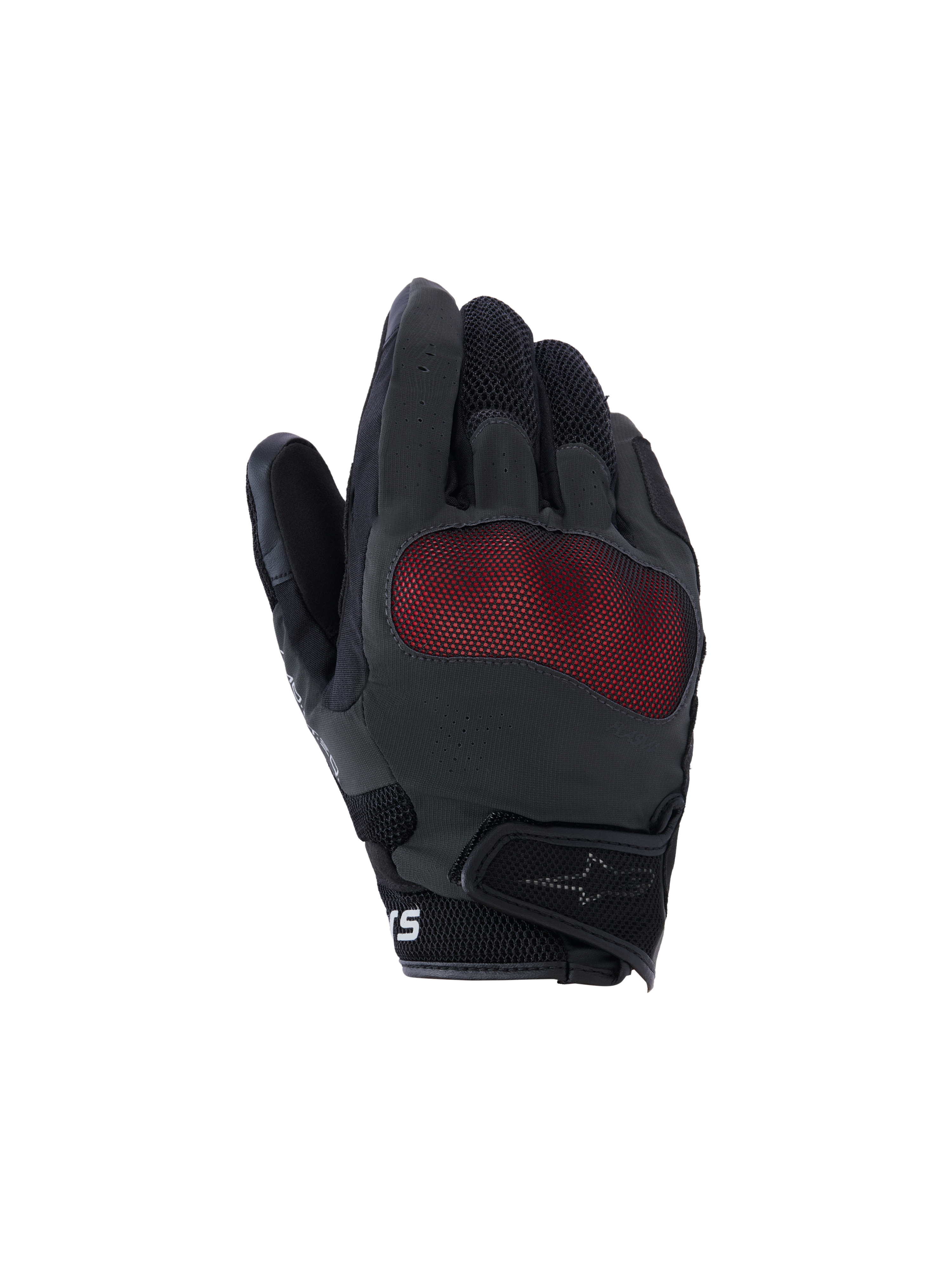 Alpinestars Mogress Airflow Handschuhe, Motorradhandschuhe, Schwarz und Rot, Ansicht des Handrückens mit rotem Mesh-Knöchelschutz, atmungsaktive 3D-Mesh-Einsätze, kurzes Bündchen mit Klettverschluss, urbaner Fahrstil
