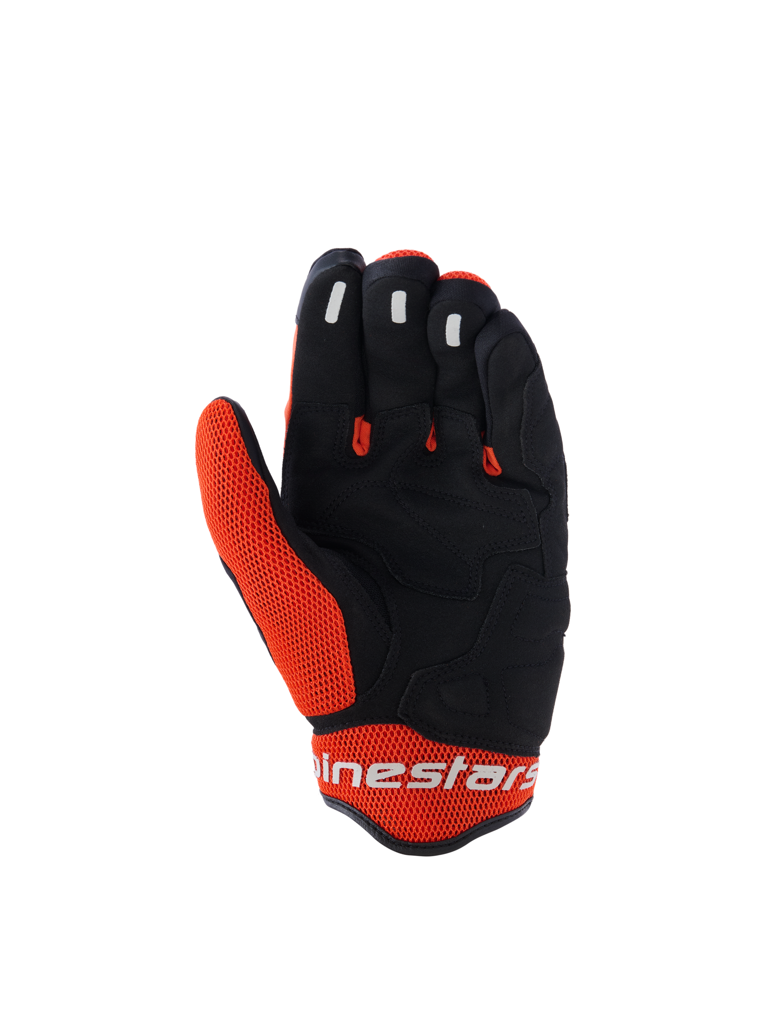 Alpinestars Mogress Airflow Handschuhe, Motorradhandschuhe, Schwarz und Tangerine, Innenhandansicht mit schwarzer Synthetik-Konstruktion und orangefarbenen Mesh-Einsätzen, Silikon-Grip an den Fingerspitzen, weißes Alpinestars-Logo am Bündchen, urbanes Design für Sommerfahrten