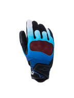 Alpinestars Mogress Airflow Gloves, Motorcycle Gloves, Fading Blue and Black, featuring a red see-through knuckle protector, breathable perforated backhand with 3D mesh panels, short cuff with adjustable strap, urban riding design