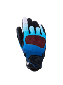 Alpinestars Mogress Airflow Gloves, Motorcycle Gloves, Fading Blue and Black, featuring a red see-through knuckle protector, breathable perforated backhand with 3D mesh panels, short cuff with adjustable strap, urban riding design