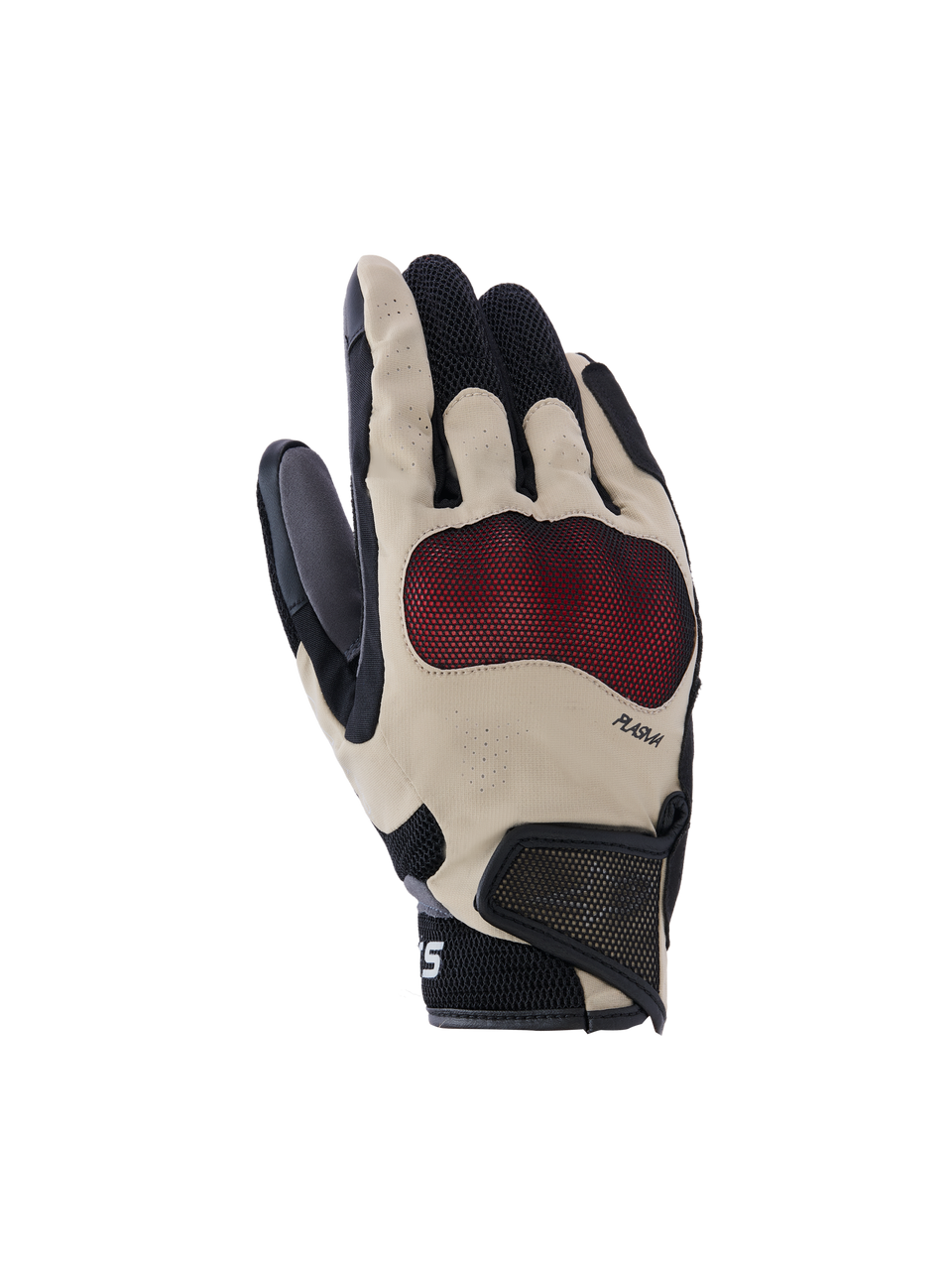 Alpinestars Mogress Airflow Handschuhe, Motorradhandschuhe, Beige, Schwarz und Rot, mit rotem Nucleon Plasma Knöchelschutz, laserperforierten Fingern, 3D-Mesh-Einsätzen für Belüftung und kurzem Bündchen mit Klettverschluss