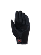 Alpinestars Manti Air Handschuhe, Adventure-Motorradhandschuhe, Schwarz, Handflächenansicht mit verstärkter Lederhandfläche, atmungsaktivem Mesh am Daumen und rotem, kreisförmigem „AS“-Logo am Handgelenkverschluss.