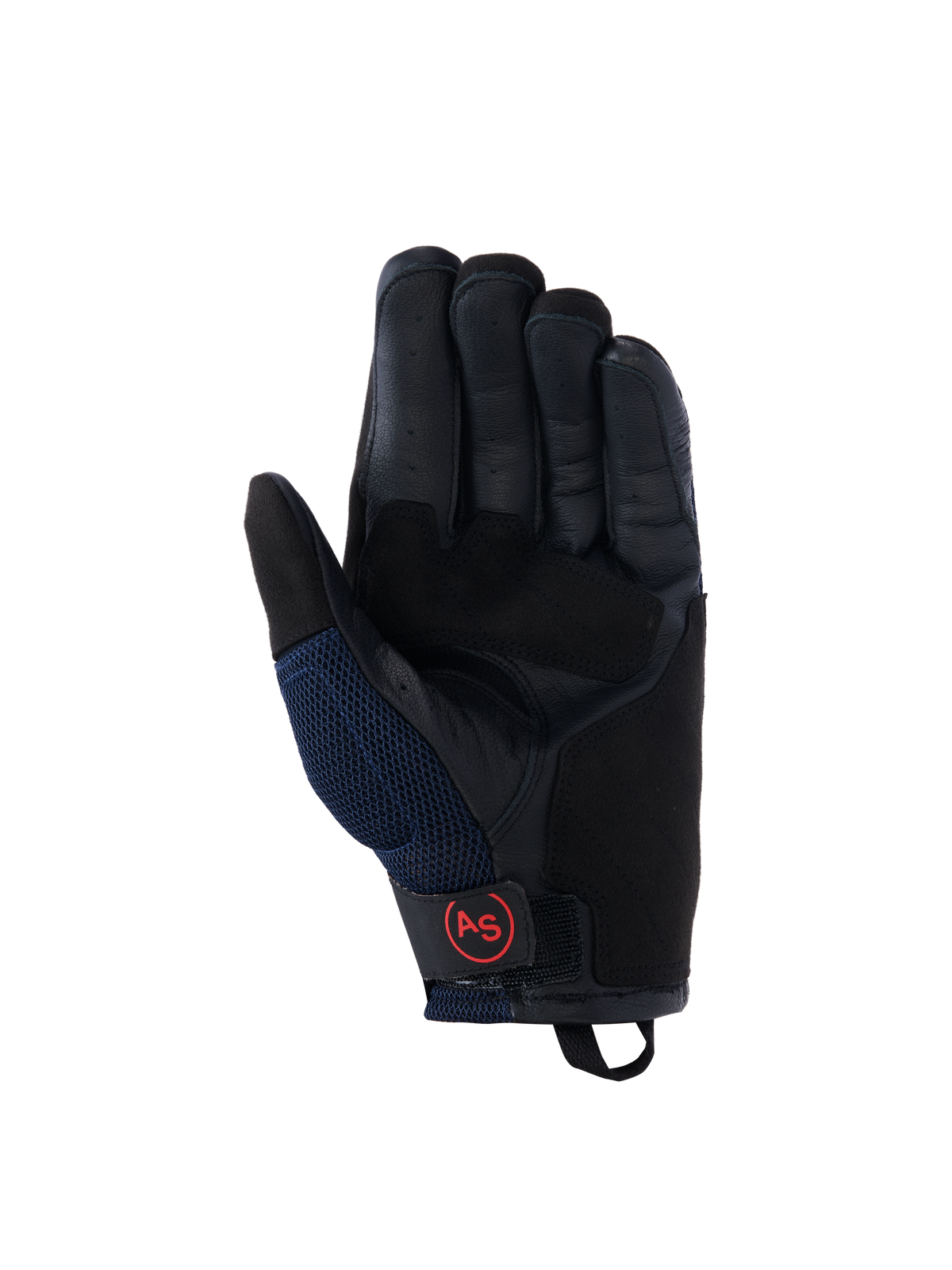 Alpinestars Manti Air Handschuhe, Motorradhandschuhe, Dunkelblau und Schwarz, Lederhandfläche mit perforierten Fingern, Mesh-Einsätze an den Seiten und rotes kreisförmiges AS-Logo auf der Handgelenkschlaufe, Adventure-Fahrausrüstung