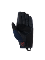 Alpinestars Manti Air Handschuhe, Motorradhandschuhe, Dunkelblau und Schwarz, Lederhandfläche mit perforierten Fingern, Mesh-Einsätze an den Seiten und rotes kreisförmiges AS-Logo auf der Handgelenkschlaufe, Adventure-Fahrausrüstung