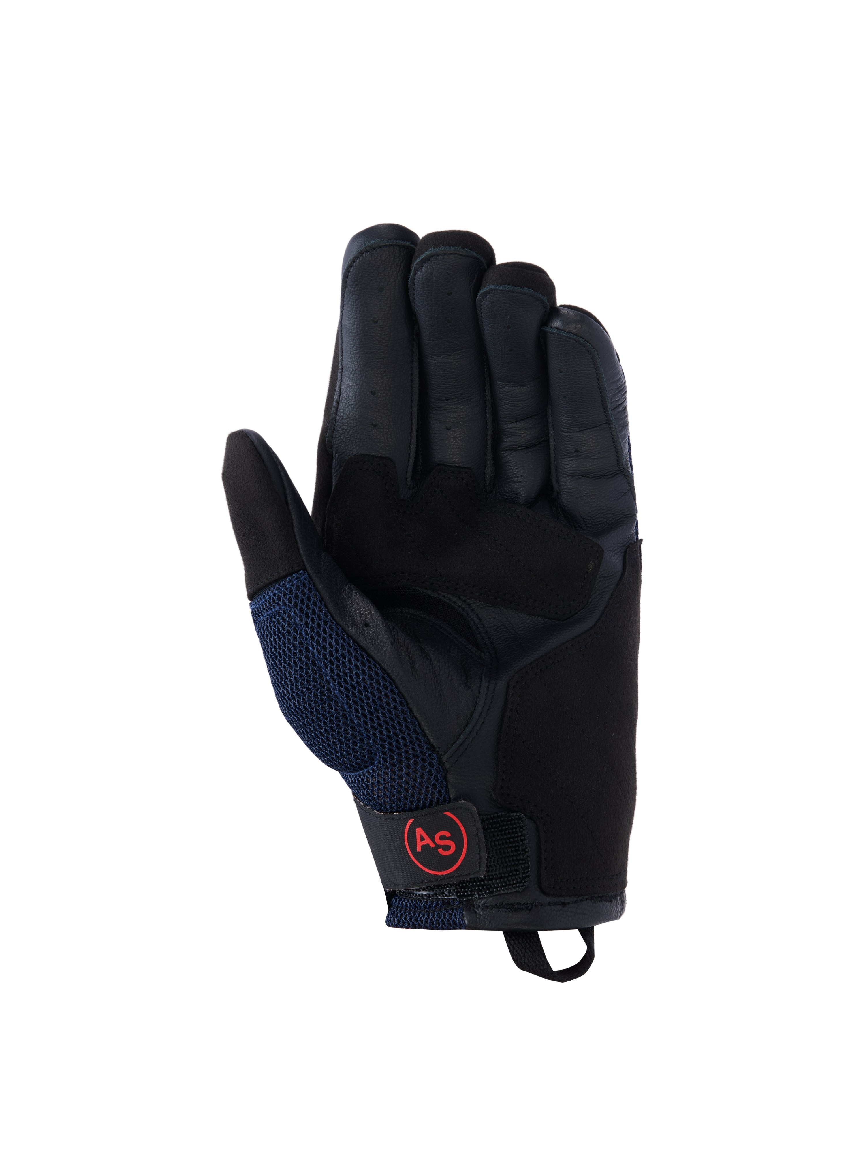 Alpinestars Manti Air Handschuhe, Motorradhandschuhe, Dunkelblau und Schwarz, Lederhandfläche mit perforierten Fingern, Mesh-Einsätze an den Seiten und rotes kreisförmiges AS-Logo auf der Handgelenkschlaufe, Adventure-Fahrausrüstung