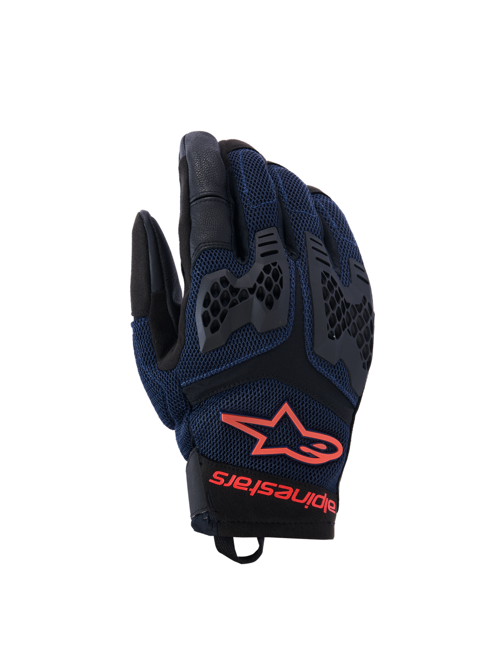 Alpinestars Manti Air Handschuhe, Motorradhandschuhe, Dunkelblau und Schwarz mit roten Fluo-Akzenten, atmungsaktive Mesh-Konstruktion und Waben-TPU-Knöchelschutz, Alpinestars Stern-Logo und Schriftzug am Handgelenk, entwickelt für Adventure-Fahrten im Sommer