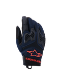 Alpinestars Manti Air Handschuhe, Motorradhandschuhe, Dunkelblau und Schwarz mit roten Fluo-Akzenten, atmungsaktive Mesh-Konstruktion und Waben-TPU-Knöchelschutz, Alpinestars Stern-Logo und Schriftzug am Handgelenk, entwickelt für Adventure-Fahrten im Sommer