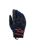 Alpinestars Manti Air Handschuhe, Motorradhandschuhe, Dunkelblau und Schwarz mit roten Fluo-Akzenten, atmungsaktive Mesh-Konstruktion und Waben-TPU-Knöchelschutz, Alpinestars Stern-Logo und Schriftzug am Handgelenk, entwickelt für Adventure-Fahrten im Sommer