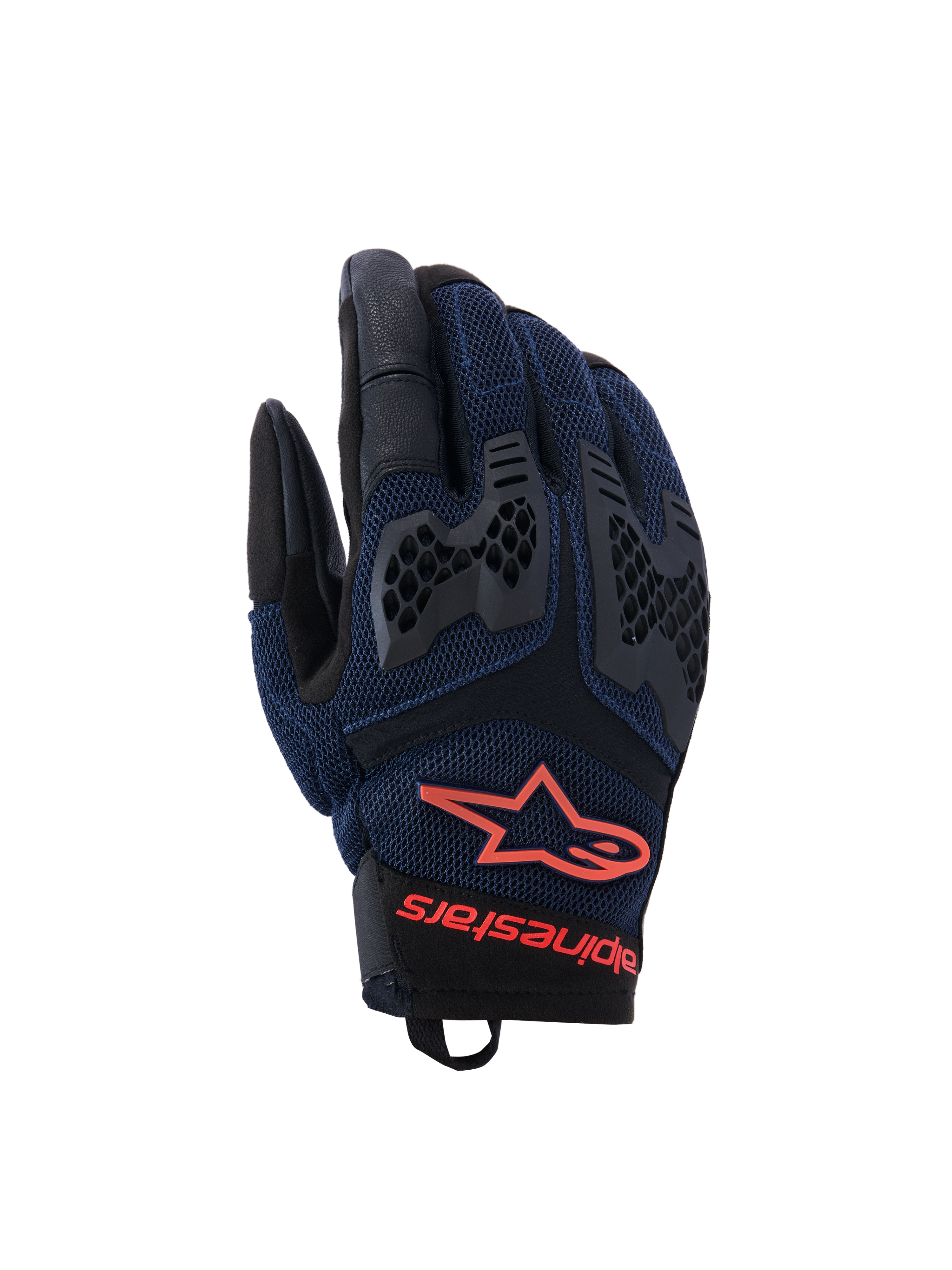 Alpinestars Manti Air Handschuhe, Motorradhandschuhe, Dunkelblau und Schwarz mit roten Fluo-Akzenten, atmungsaktive Mesh-Konstruktion und Waben-TPU-Knöchelschutz, Alpinestars Stern-Logo und Schriftzug am Handgelenk, entwickelt für Adventure-Fahrten im Sommer