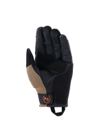 Alpinestars Manti Air Handschuhe, Motorradhandschuhe, Dunkles Khaki und Schwarz mit orangefarbenen Fluo-Akzenten, Handflächenansicht mit synthetischem Wildleder, außenliegende Nähte, atmungsaktive Mesheinsätze und schwarzer Handgelenkriemen mit kreisförmigem orangefarbenem AS-Logo.