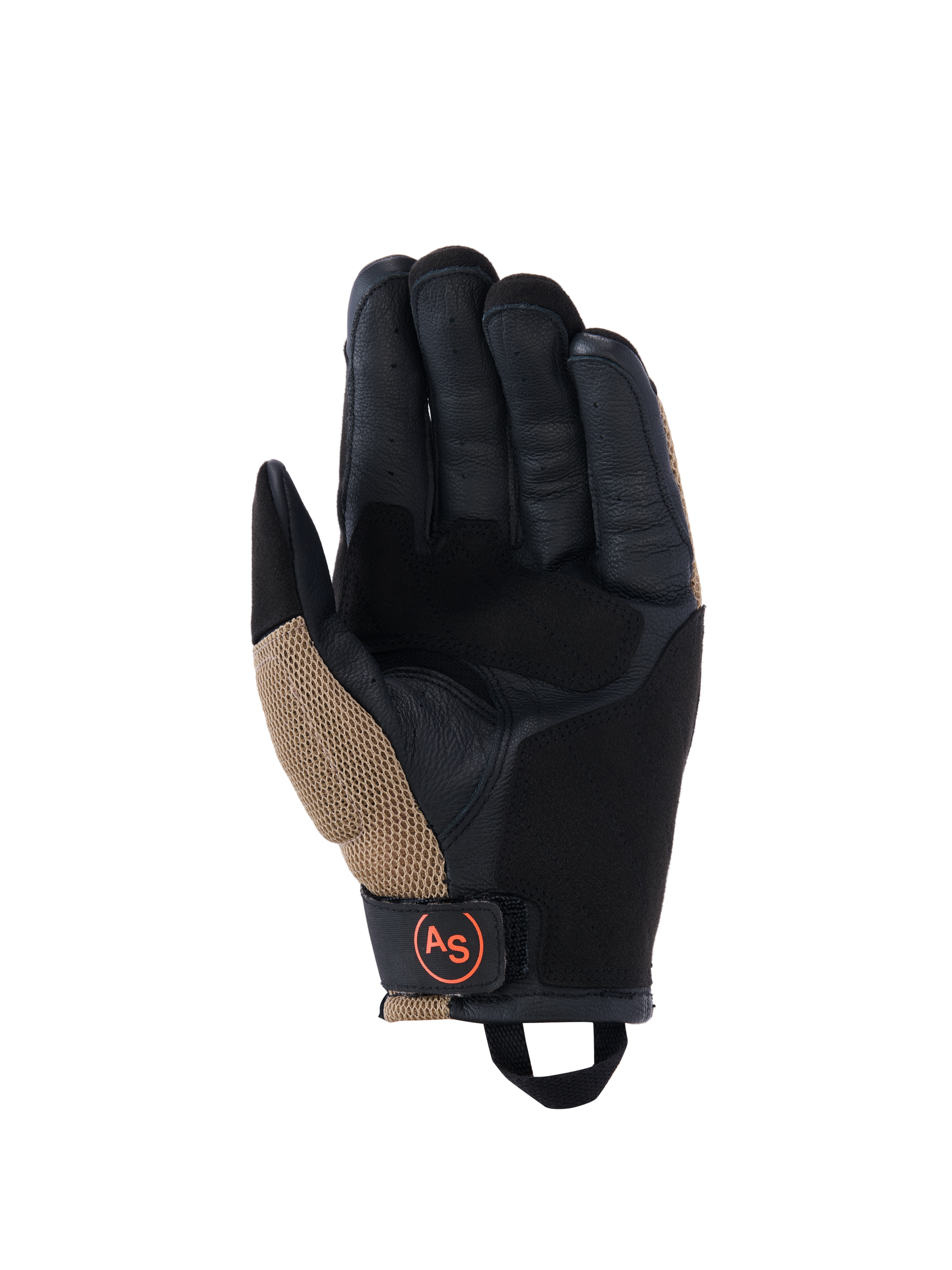 Alpinestars Manti Air Handschuhe, Motorradhandschuhe, Dunkles Khaki und Schwarz mit orangefarbenen Fluo-Akzenten, Handflächenansicht mit synthetischem Wildleder, außenliegende Nähte, atmungsaktive Mesheinsätze und schwarzer Handgelenkriemen mit kreisförmigem orangefarbenem AS-Logo.