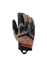 Alpinestars Manti Air Gloves, Motocross Gloves, Black and Brown, mesh construction with padded protection, hexagonal grip pattern on fingers, orange logo, Velcro wrist strap, rugged texture for off-road riding