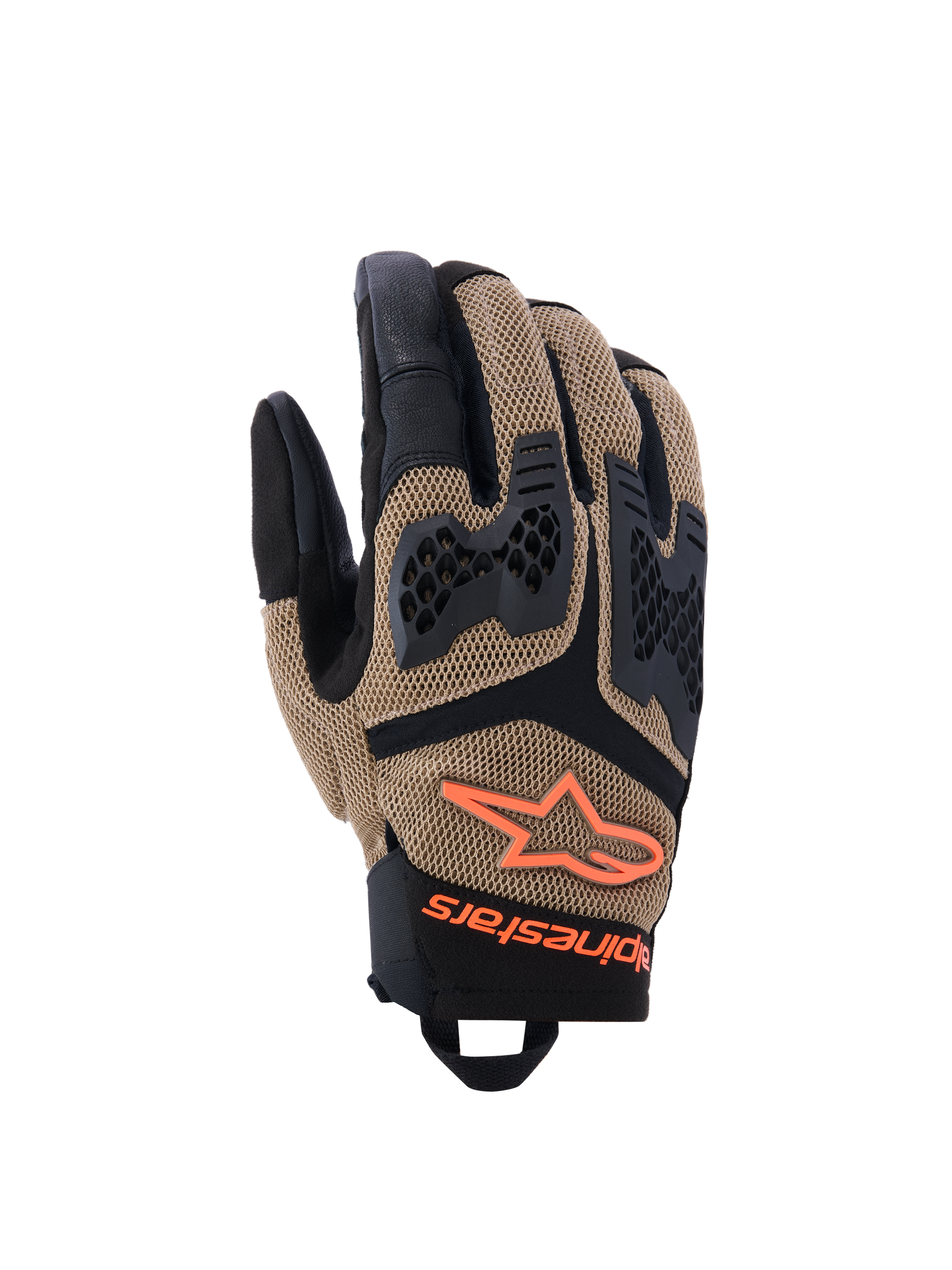 Alpinestars Manti Air Handschuhe, Motorradhandschuhe, Dunkles Khaki und Schwarz mit fluoreszierenden orangefarbenen Akzenten, 3D-Stretch-Mesh-Konstruktion, eingespritzter Knöchelschutz mit perforiertem Design, orangefarbenes Stern-Logo, sicherer Handgelenkverschluss, konzipiert für Sommer-Abenteuer und Straßenfahrten