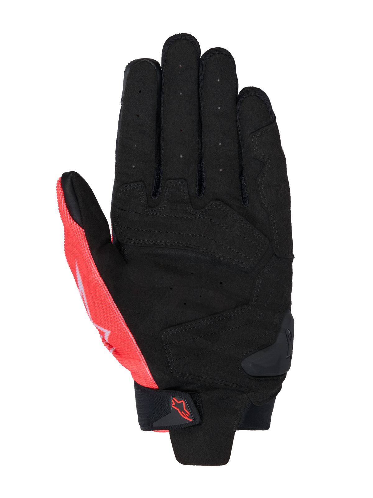 Alpinestars MM93 SP X 1 Handschuhe, Handflächenansicht, Schwarz und Fluo-Rot, Kunstleder-Konstruktion mit perforierter Handfläche, verstärkte Bereiche, TPR-Slider auf der Handfläche und Klettverschluss am Handgelenk mit Alpinestars-Logo.