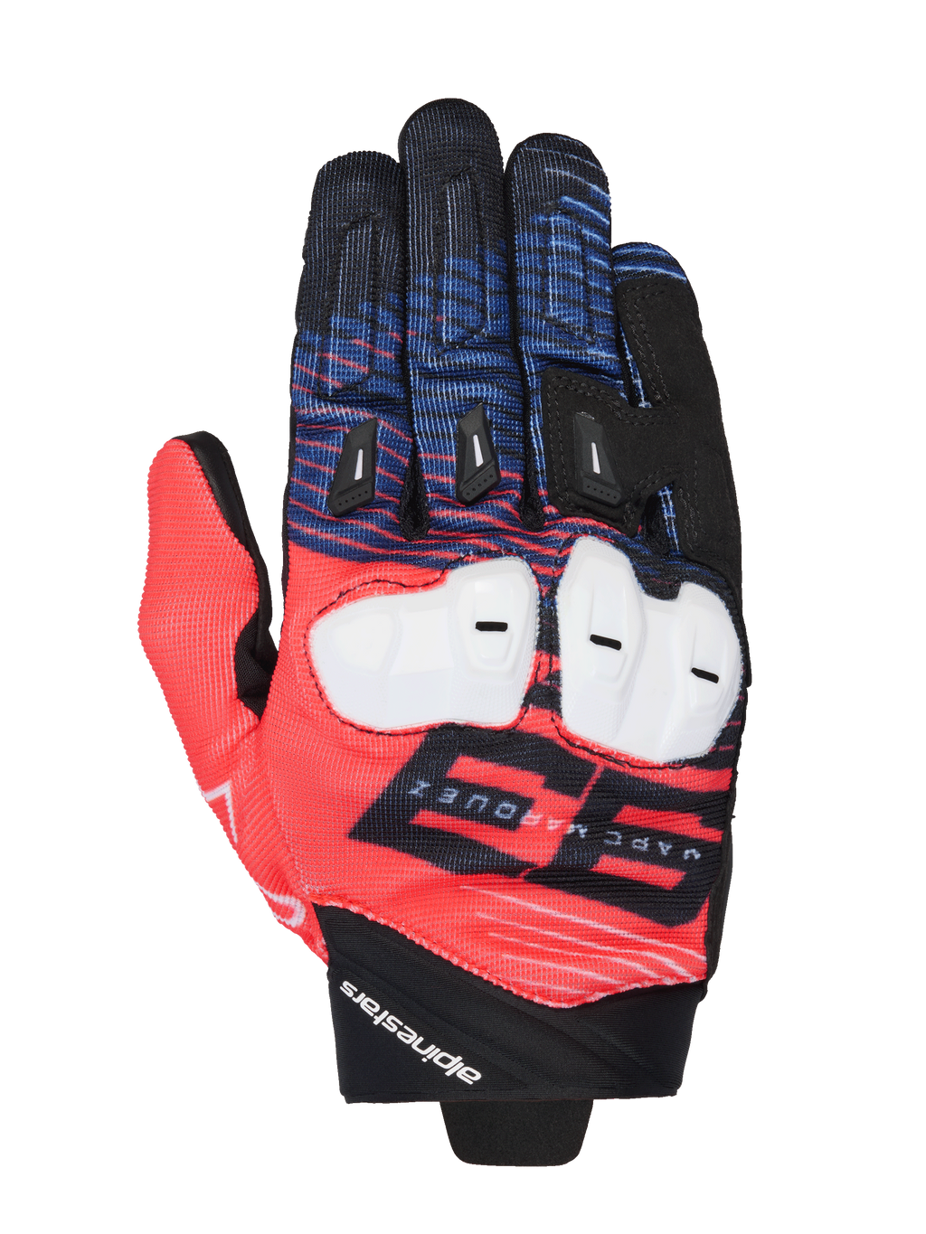 Alpinestars MM93 Spx 1 Handschuhe, Motorrad-Rennsport-Handschuhe, Rot, Blau und Schwarz, mit weißem Knöchelschutz, markanter 93 Marc Marquez-Grafik, texturiertem Textilgewebe mit schwarzen Fingerschiebern, sportliches Renndesign mit Alpinestars-Branding am Handgelenk