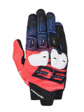 Alpinestars MM93 Spx 1 Handschuhe, Motorrad-Rennsport-Handschuhe, Rot, Blau und Schwarz, mit weißem Knöchelschutz, markanter 93 Marc Marquez-Grafik, texturiertem Textilgewebe mit schwarzen Fingerschiebern, sportliches Renndesign mit Alpinestars-Branding am Handgelenk