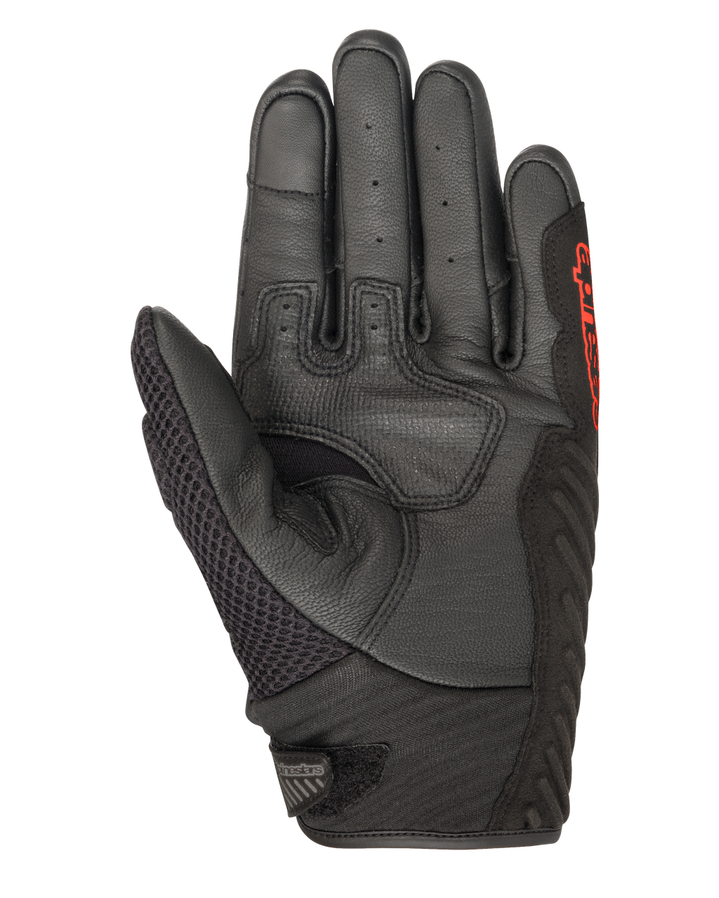 Alpinestars SMX-1 Air V2 Handschuhe, Schwarz und Fluo-Rot, Innenhandansicht mit perforiertem Leder, Mesh-Daumeneinsatz, verstärkten Grip-Zonen und rotem Branding, konzipiert für Motorrad-Straßenfahrten im Sommer