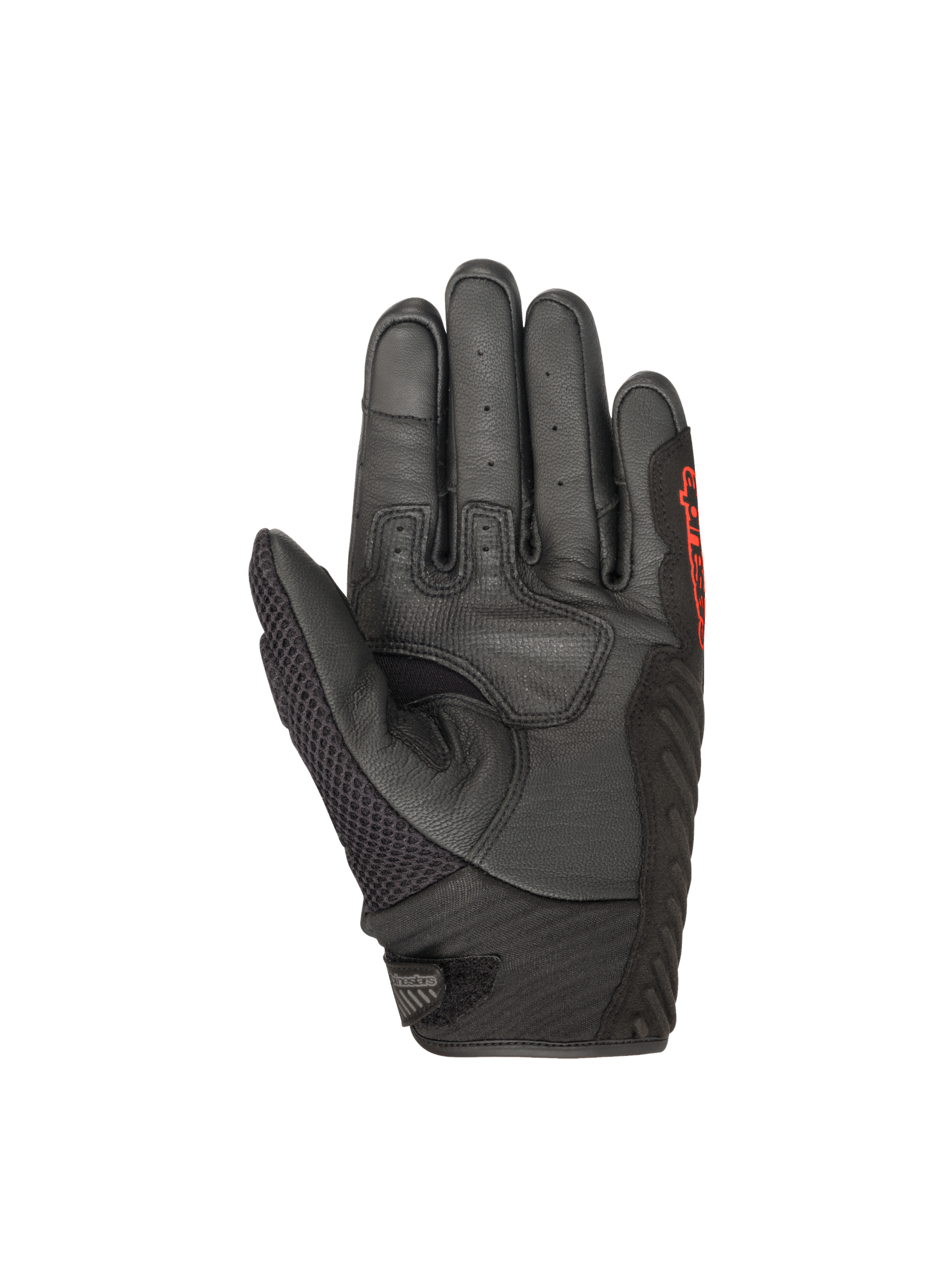 Alpinestars SMX-1 Air V2 Motorradhandschuhe, Handfläche aus schwarzem Leder mit roten Akzenten für den Straßeneinsatz.