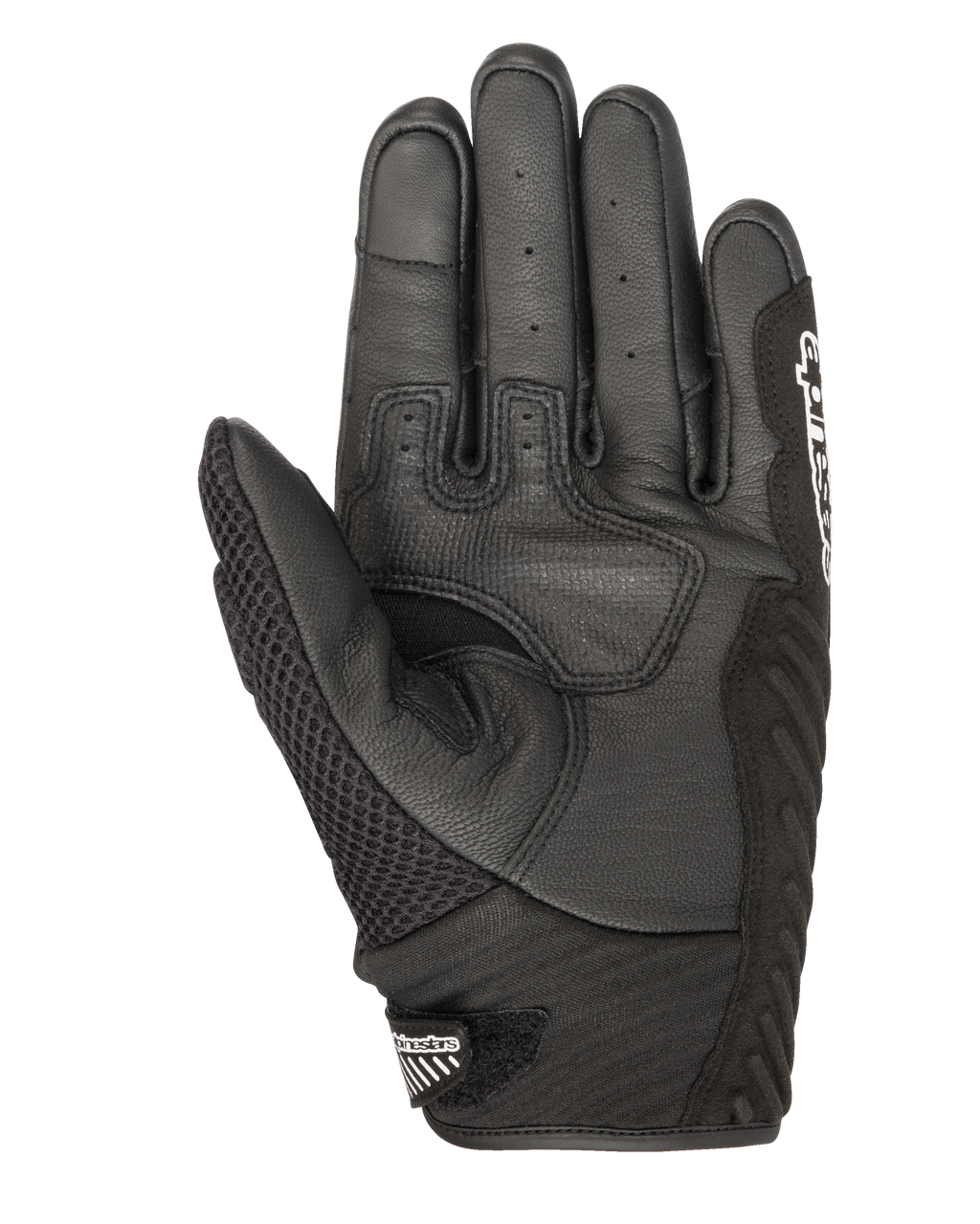 Alpinestars SMX-1 Air V2 Handschuhe, Motorradhandschuhe, Schwarz, Handflächenansicht mit perforiertem Leder und Air-Mesh-Konstruktion, verstärkte Grip-Zonen, kurzes Bündchen mit Alpinestars-Logo am Verschluss