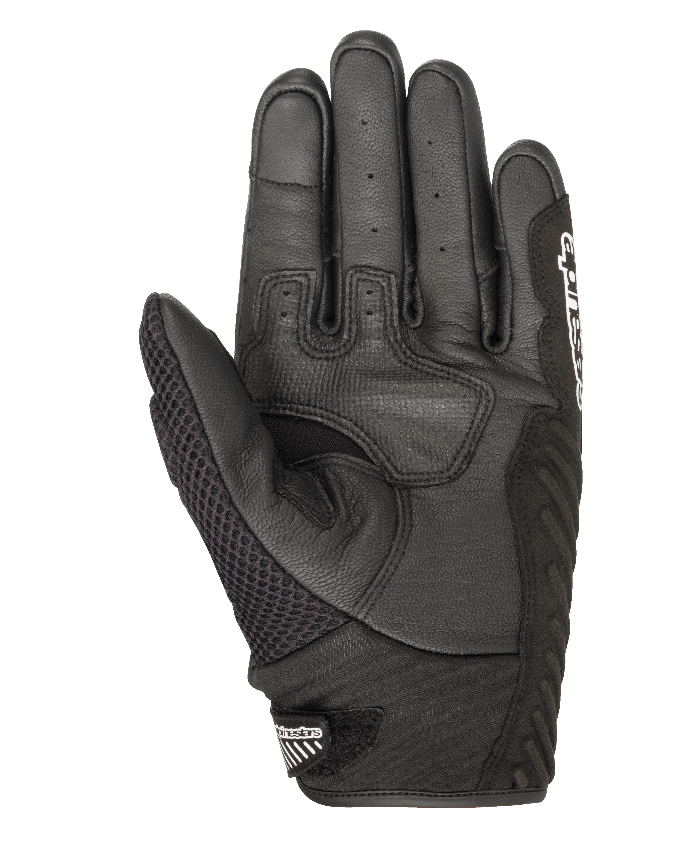 Alpinestars SMX-1 Air V2 Handschuhe, Motorradhandschuhe, Schwarz, Handflächenansicht mit perforiertem Leder und Air-Mesh-Konstruktion, verstärkte Grip-Zonen, kurzes Bündchen mit Alpinestars-Logo am Verschluss