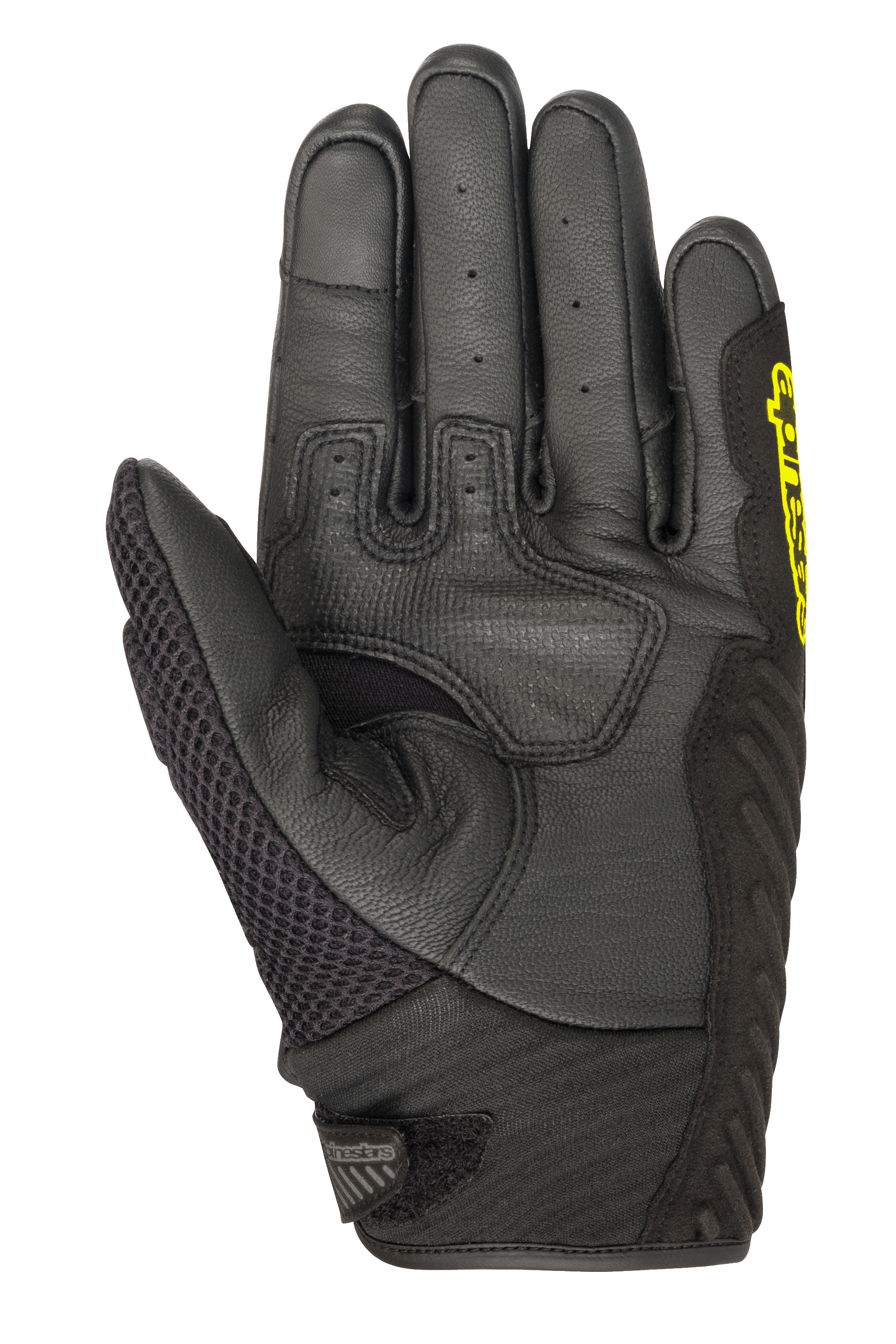 Alpinestars SMX-1 Air V2 Handschuhe, Kurzstulpen-Motorradhandschuhe, Schwarz und Gelb Fluo, Handflächenansicht mit perforierten Lederfingern, Mesh-Daumenpanel und verstärkter Grip-Zone, entwickelt für sommerliche Straßenfahrten