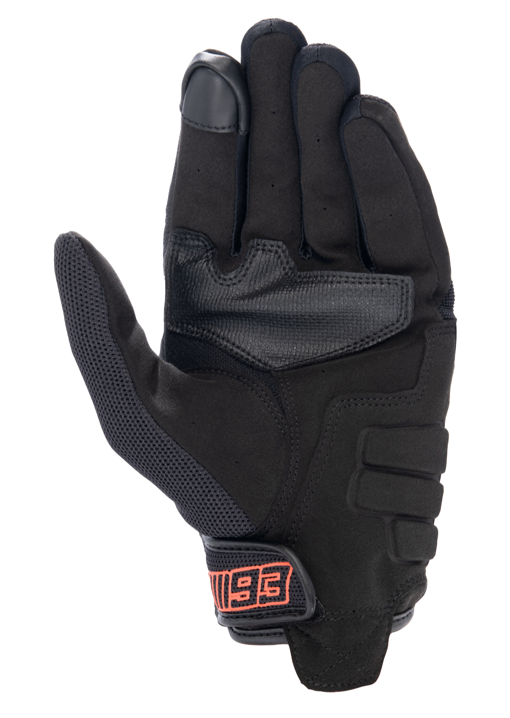 Alpinestars MM93 Losail V2 Handschuhe, Urban-Motorradhandschuhe, Schwarz, Innenhandansicht mit Konstruktion aus synthetischem Wildleder, touchscreen-kompatibler Fingerspitze und Klettverschluss mit rotem MM93-Branding.