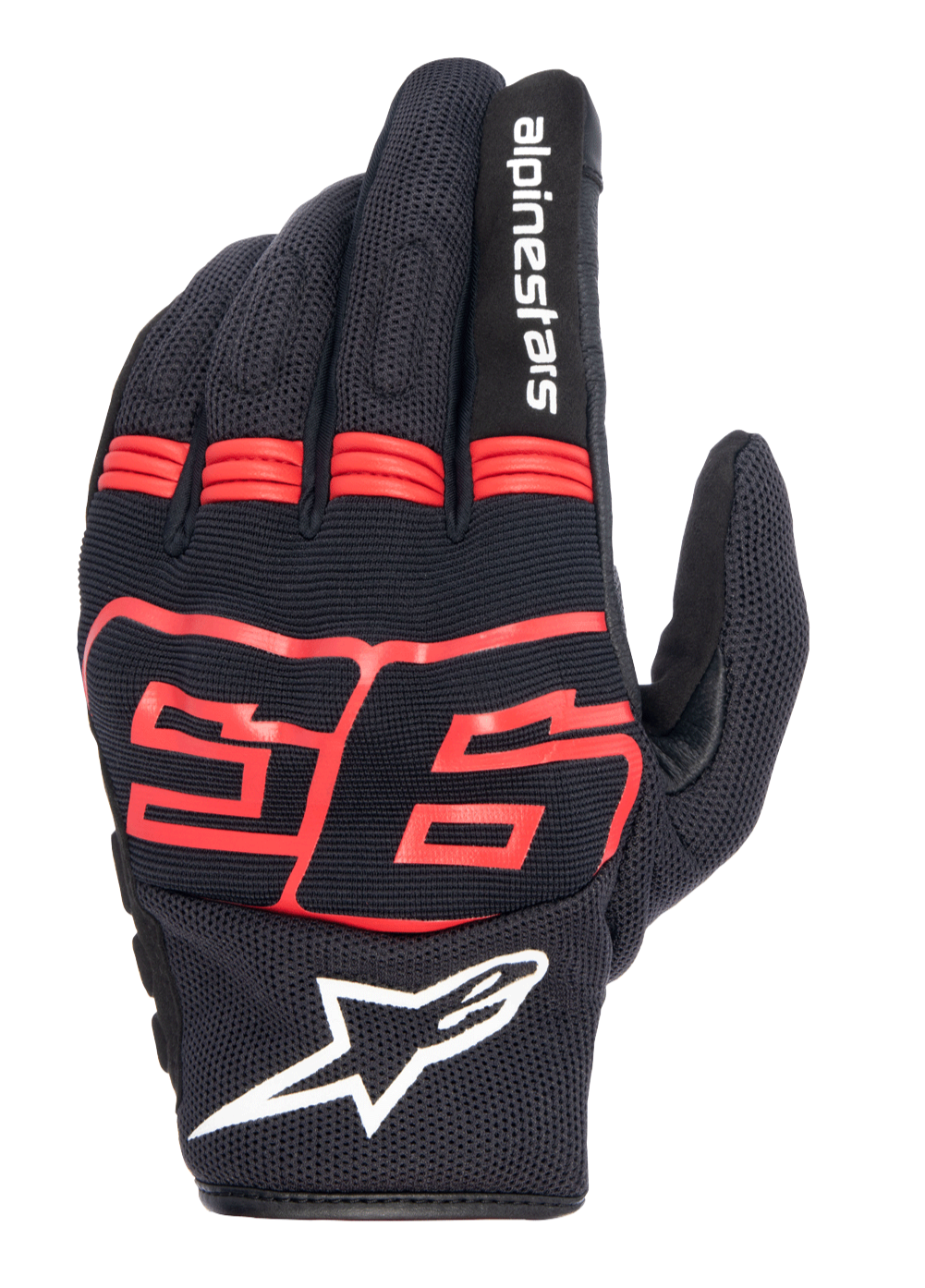 Alpinestars MM93 Losail V2 Handschuhe, Schwarz mit Red Fluo, Marc Marquez 93 Grafik, weißes Alpinestars-Logo, atmungsaktive Mesh-Oberhand, Akkordeon-Einsätze an den Fingern für Flexibilität, urbaner Motorrad-Rennstil