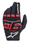 Alpinestars MM93 Losail V2 Handschuhe, Schwarz mit Red Fluo, Marc Marquez 93 Grafik, weißes Alpinestars-Logo, atmungsaktive Mesh-Oberhand, Akkordeon-Einsätze an den Fingern für Flexibilität, urbaner Motorrad-Rennstil