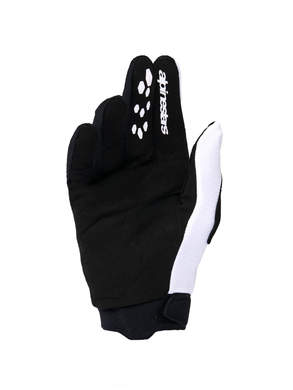 Alpinestars 2026 Stella Full Bore V2 Damen-Handschuhe, Motocross-Handschuhe, Handflächenansicht in Weiß und Schwarz, mit synthetischer Wildlederkonstruktion, Silikon-Gripmustern an den Fingern für Hebelkontrolle, weißem Logo-Branding und einer sicheren Neoprenmanschette.