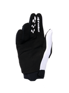 Alpinestars 2026 Stella Full Bore V2 Damen-Handschuhe, Motocross-Handschuhe, Handflächenansicht in Weiß und Schwarz, mit synthetischer Wildlederkonstruktion, Silikon-Gripmustern an den Fingern für Hebelkontrolle, weißem Logo-Branding und einer sicheren Neoprenmanschette.