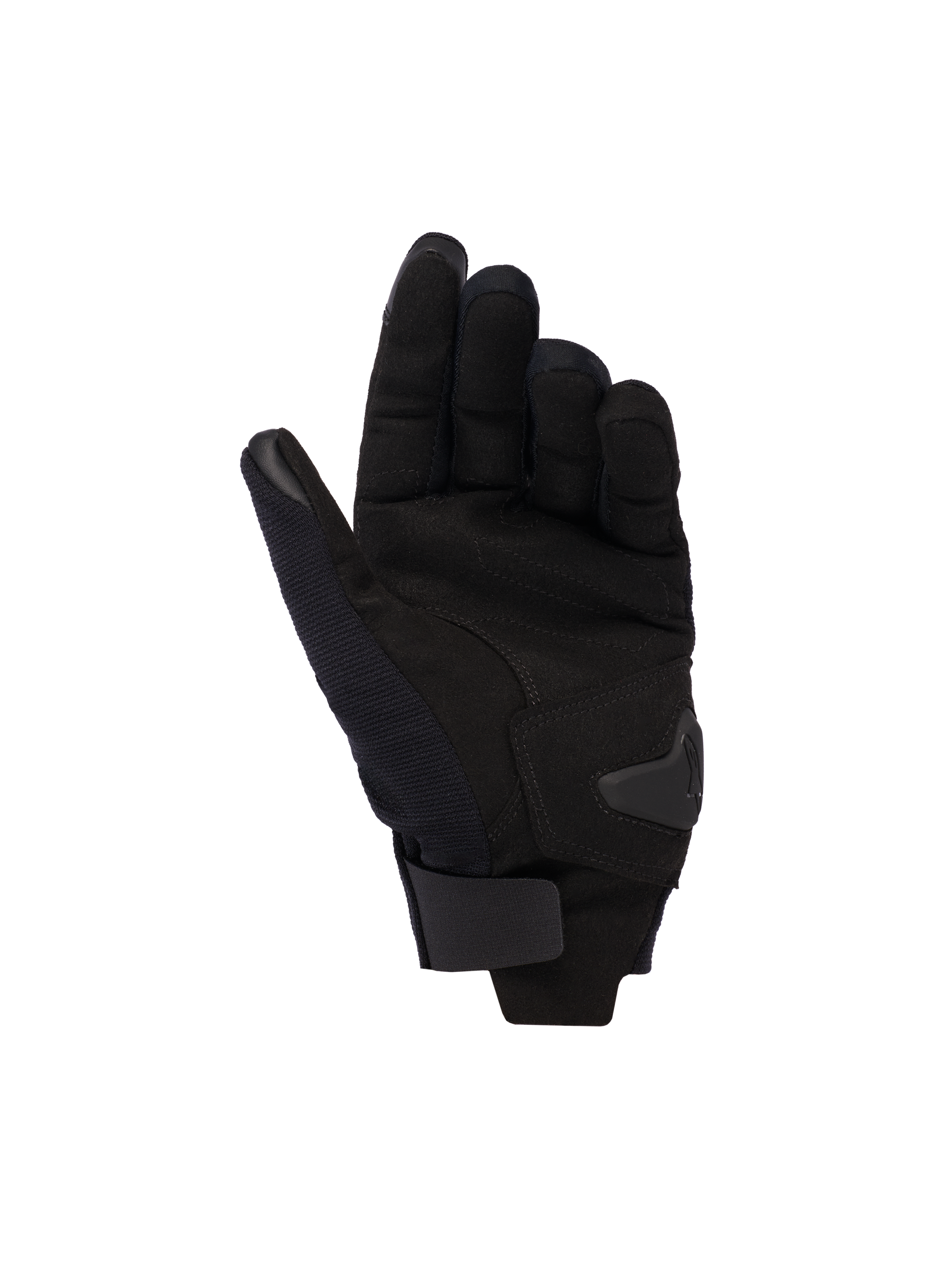 Alpinestars Reef Damen-V2 Handschuhe, Schwarz, Handflächenansicht mit synthetischem Wildledermaterial, gepolsterter Verstärkung und Klettverschluss am Handgelenk, urbane Motorradhandschuhe mit kurzem Bündchen