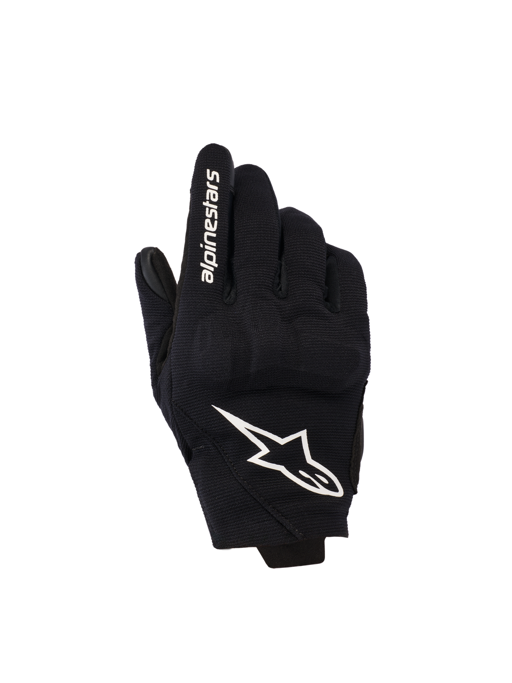 Alpinestars Reef Damen V2 Handschuhe, Schwarz und Weiß, Kurzschaft-Motorradhandschuhe, Textil-Oberhand mit 3D-TPU-Knöchelschutz, weißes Stern-Logo und Branding auf dem Zeigefinger
