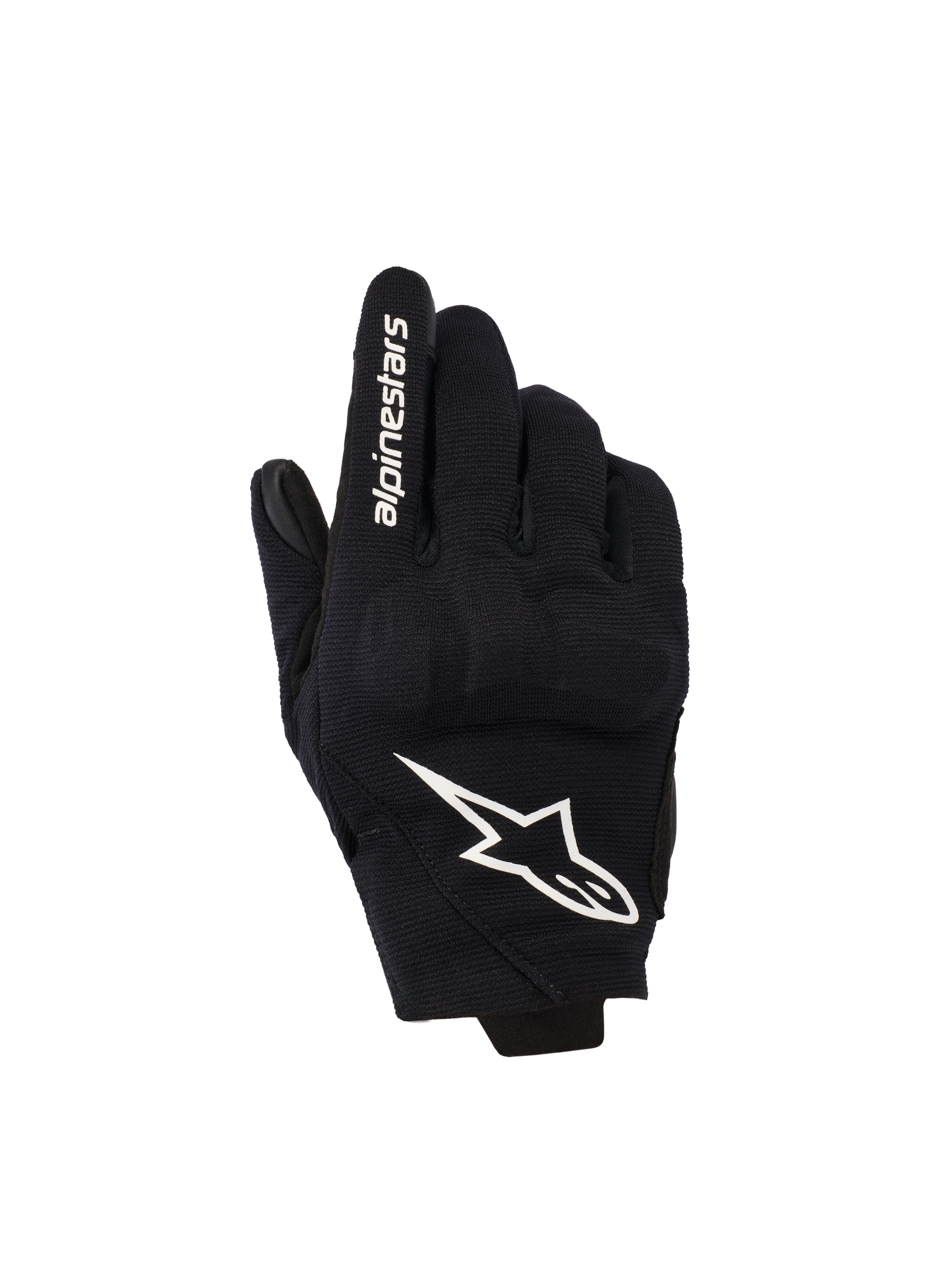 Alpinestars Reef Damen V2 Handschuhe, Schwarz und Weiß, Kurzschaft-Motorradhandschuhe, Textil-Oberhand mit 3D-TPU-Knöchelschutz, weißes Stern-Logo und Branding auf dem Zeigefinger