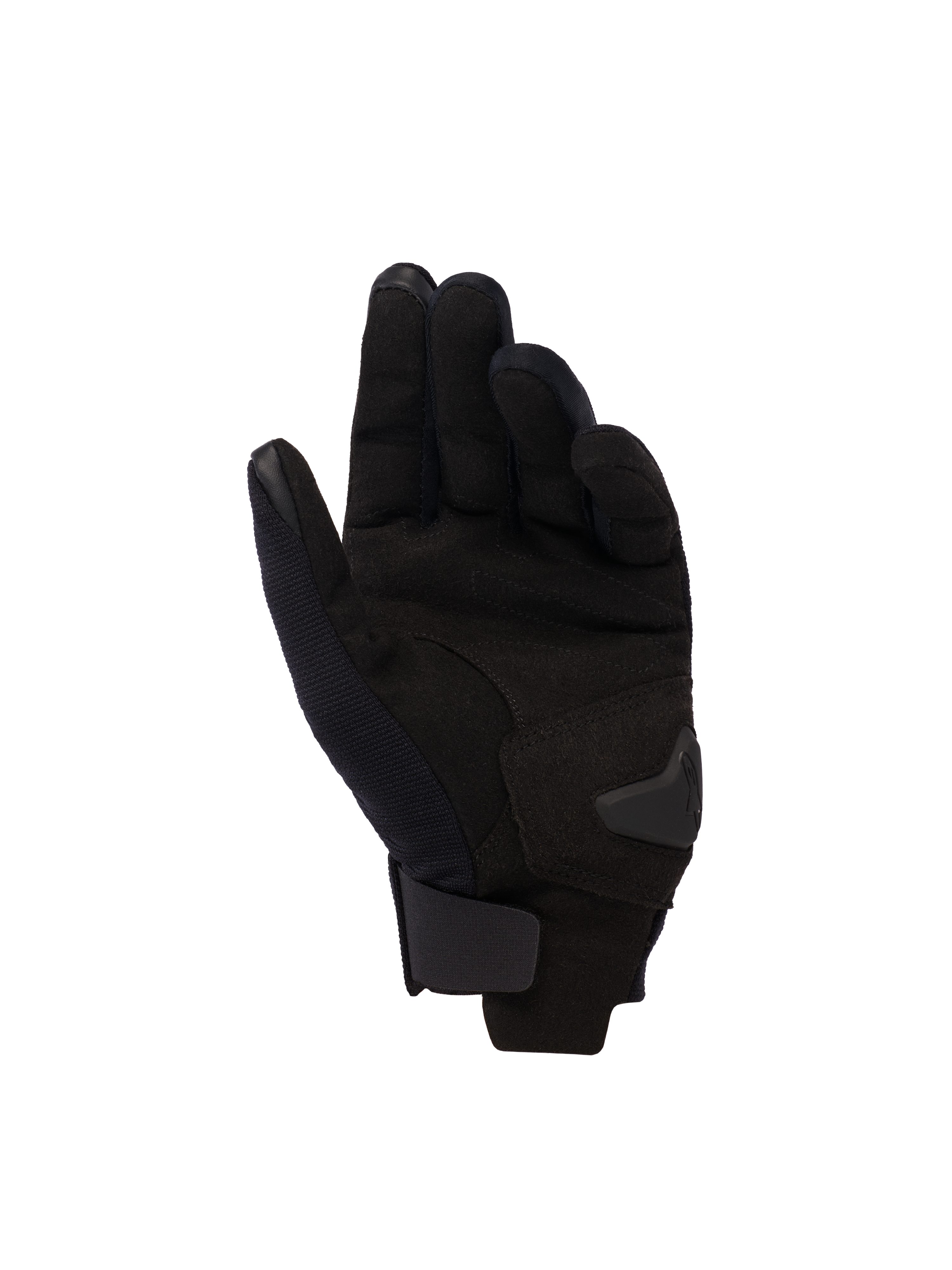 Alpinestars Reef Damen-V2 Handschuhe, Handflächenansicht, Black Hawaiian Ocean, Damen-Motorradhandschuhe mit kurzem Bündchen, Handfläche aus synthetischem Wildleder, touchscreen-kompatible Fingerspitzen und verstellbarer Klettverschluss am Handgelenk.